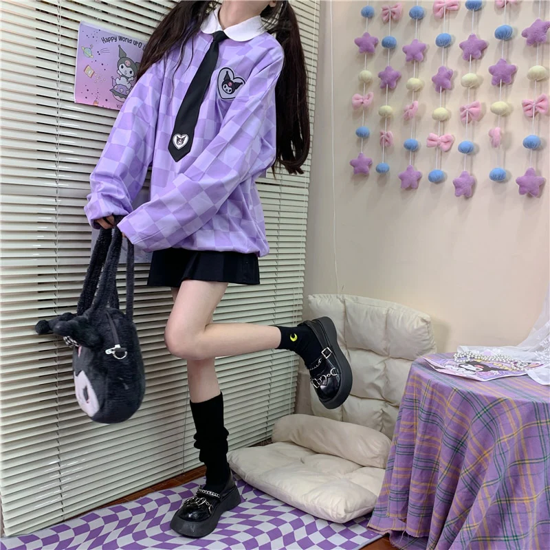 Sanriocore Kawaii Kuromi Purple Checker Sweatshirt - Image 15