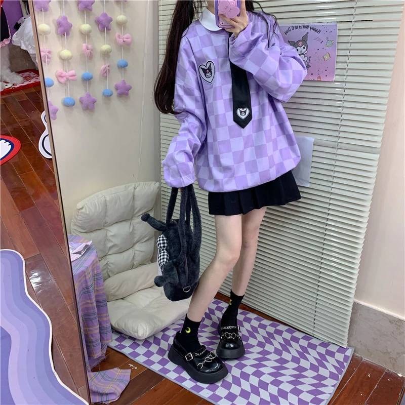 Sanriocore Kawaii Kuromi Purple Checker Sweatshirt - Image 19
