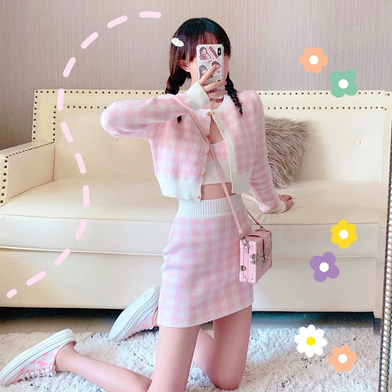 Soft Girl Knitted Cardigan Skirt 3-piece Set Pink - Image 4