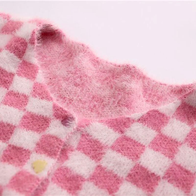 Pink Checker Knitted Cardigan - Image 3