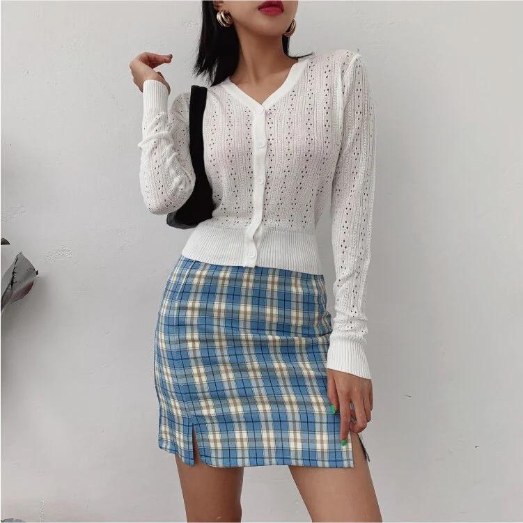 Korean Split Mini Plaid Skirt with Shorts - Image 16