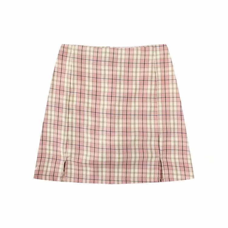 Korean Split Mini Plaid Skirt with Shorts - Image 25