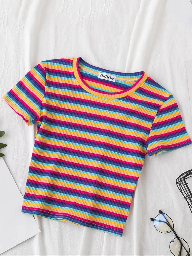 Striped Crop T-Shirt Bright Rainbow - Image 3