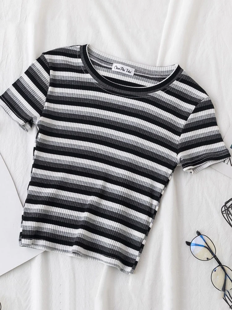 Striped Crop T-Shirt Gray Black White - Image 2