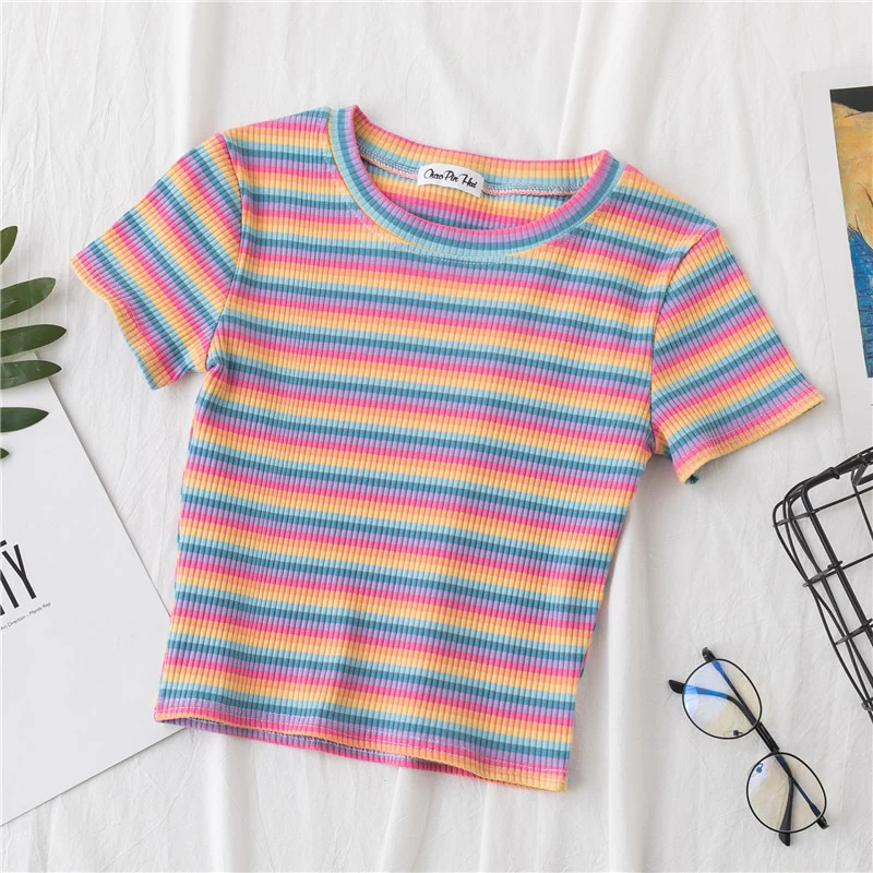 Striped Crop T-Shirt Pastel Rainbow - Image 3