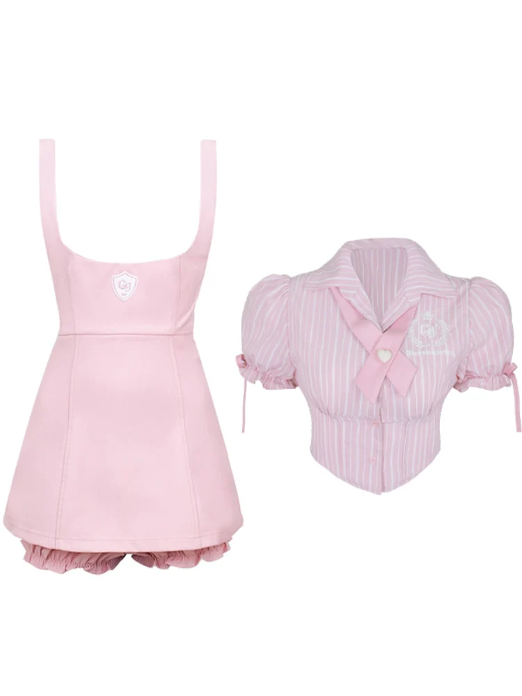 Sweet Girl Pink Blouse Suspender Dress Set - Image 5
