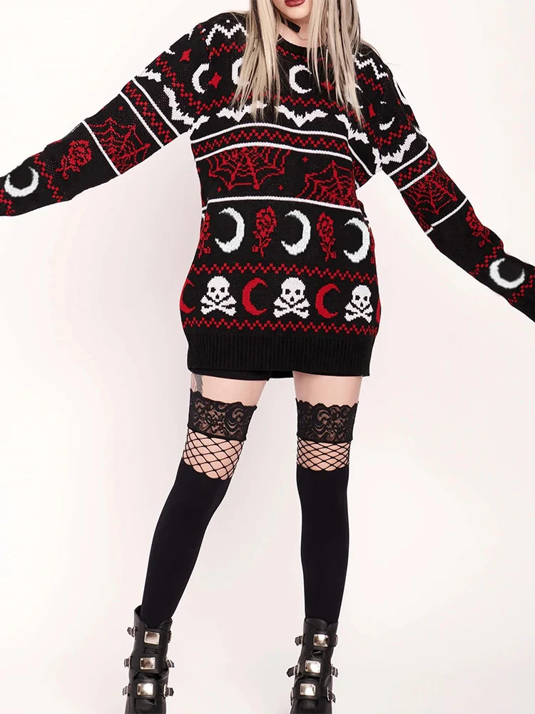 Winter Knitted Sweater Gothic Moon Skull - Image 4