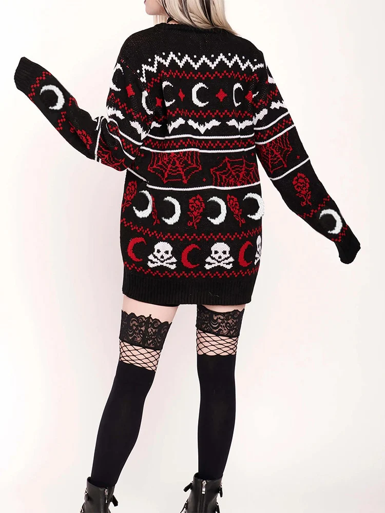 Winter Knitted Sweater Gothic Moon Skull - Image 6