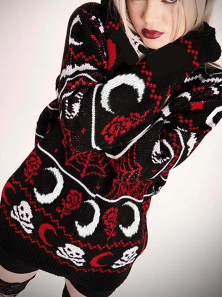 Winter Knitted Sweater Gothic Moon Skull - Image 7