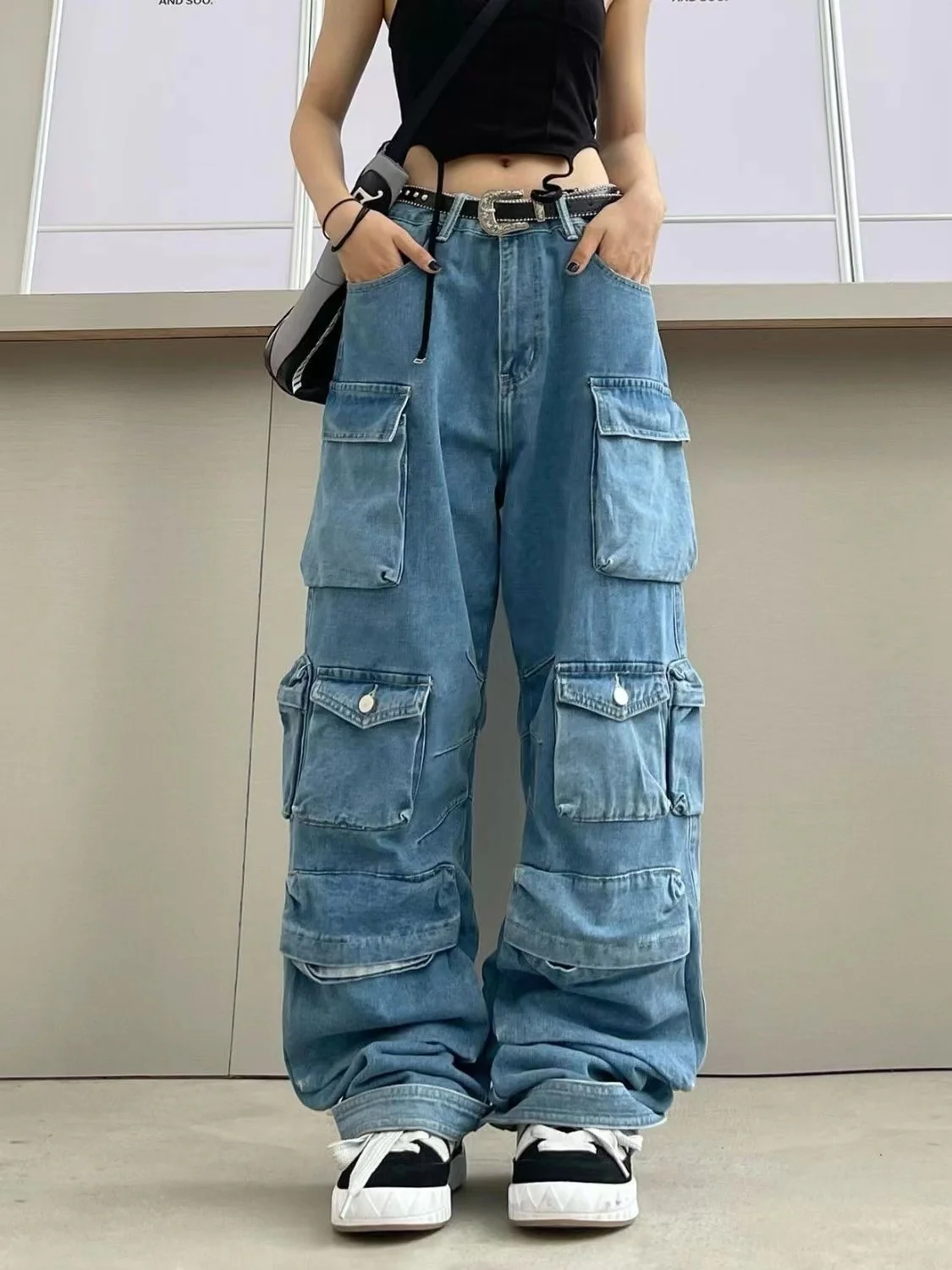 Y2K Baggy Blue Washed Cargo Pants - Image 11